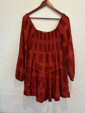 Altar'd State Rust Red Tiered Long-Sleeve Smocked Dress